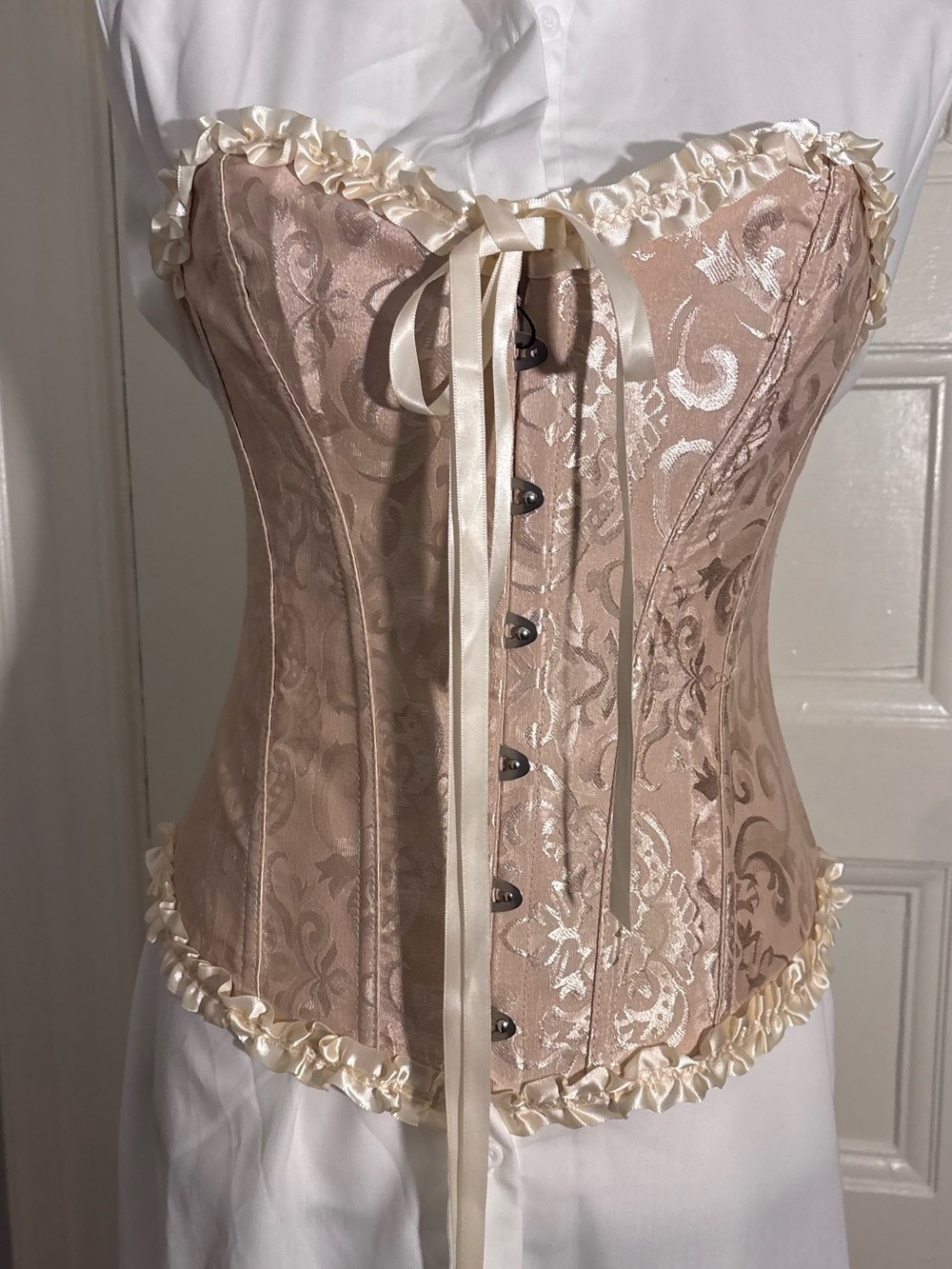 Women's Satin Brocade Corset Camisole in Champagne